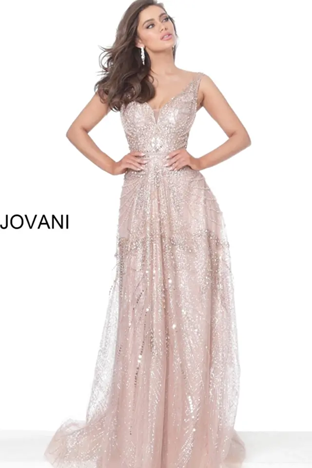 Jovani 03203 Rose Gold Embellished V Neck Mother of the Bride Dress